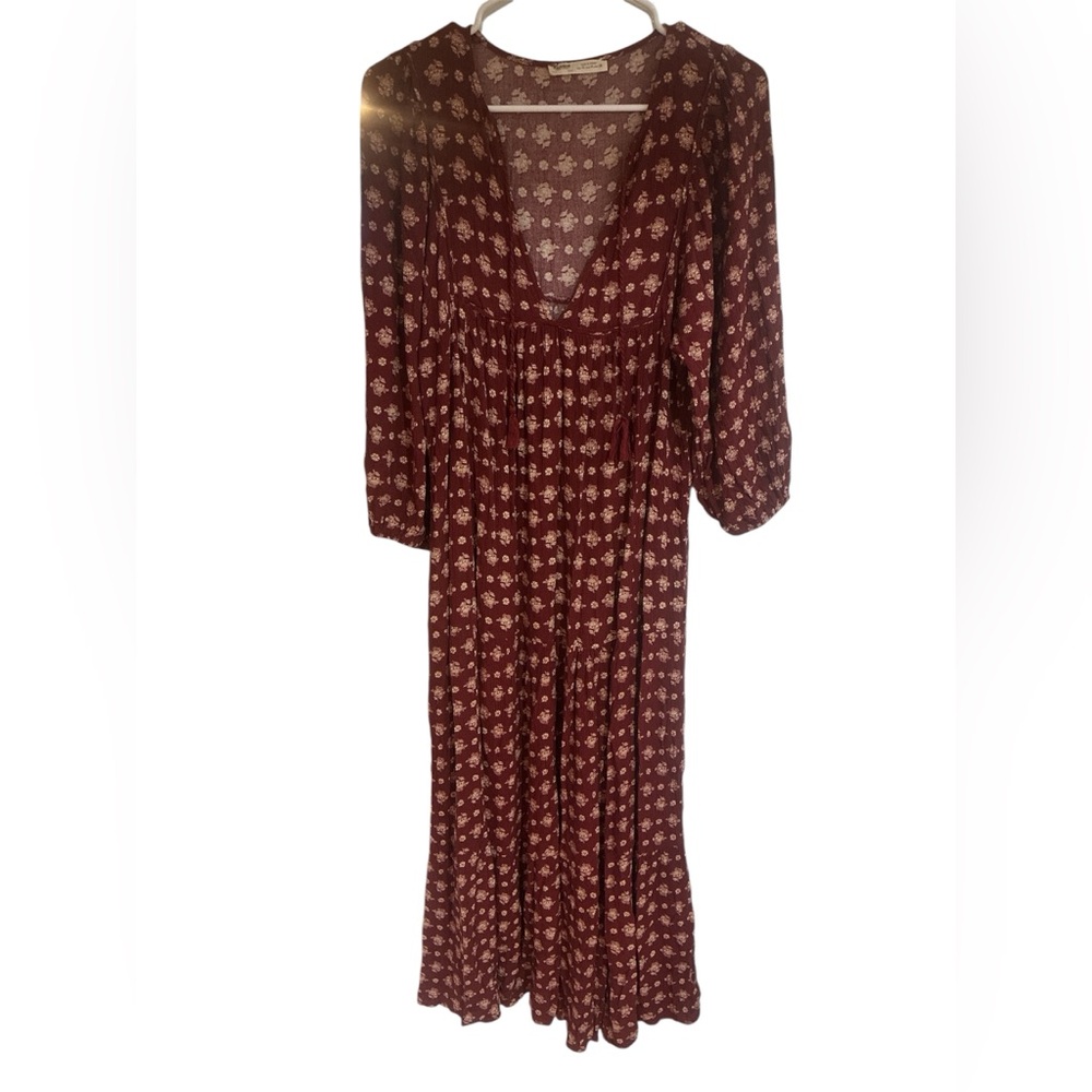 Pull&Bear Womens‎ Maxi Dress Size Medium Burgundy Floral V-neck Soft Lounge chic